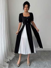 Elenzga Elegant Commuting Colorblock Pleated Patchwork Dress