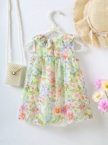 SHEIN Baby Girl Sleeveless Simple Fashion Floral Print Chiffon Bodysuit For Summer