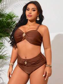 Swim Lushoire Plus Size Women Shell Metal Decor Double Strap 2pcs Swimwear Set, Summer - Coffee Brown - View 3