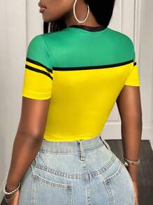 BamGleam Women Green & Yellow Contrast Color Casual Simple T-Shirt, Suitable For Summer - Yellow - View 3