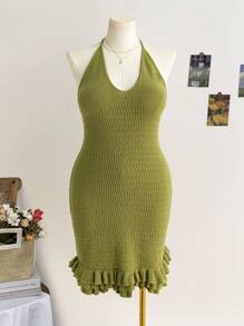 Soleia 大码女式苔绿色露背系腰荷叶边下摆迷你连衣裙，适合所有季节度假