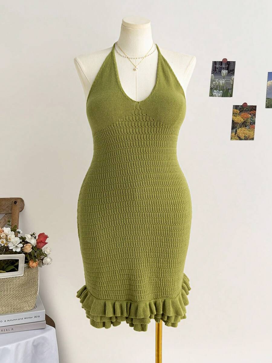 Soleia 大码女式苔绿色露背系腰荷叶边下摆迷你连衣裙，适合所有季节度假