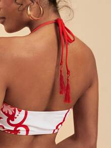 Travachic 女士夏季海滩花卉印花吊带系带性感比基尼泳装套装，聚拢比基尼，图案沙滩装女士，波西米亚风，夏季海滩度假 - 紅色 - 查看 5