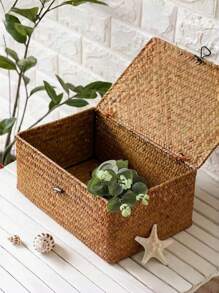 1 件北欧风格手工编织海草收纳盒，带盖，创意节省空间的收纳盒，适用于化妆品、桌面文具、衣服、玩具、浴室、卧室、客厅、宿舍、办公桌、零食和珠宝。适用于架子、抽屉、桌面、壁橱、游戏室、教室、办公室和返校用品。