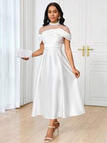 SHEIN Lady Vestido de satén blanco midi, de novia, elegante y para fiestas, con panel cuello perla y malla lentejuelada, apropiado para las cuatro estaciones