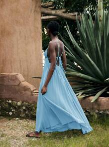 Maija 女士勃艮第色夏季度假连衣裙，现代度假波西米亚风纯色无袖吊带沙滩裙 - 淺藍色 - 查看 6