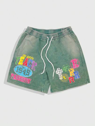 Prep Shorts à taille coulissante avec imprimé lettres délavé pour hommes
