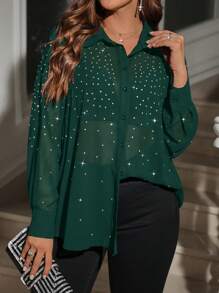 SHEIN Clasi Plus Size Women's Rhinestone Embellished Long Sleeve Loose Button Down Shirt - Dark Green - View 4