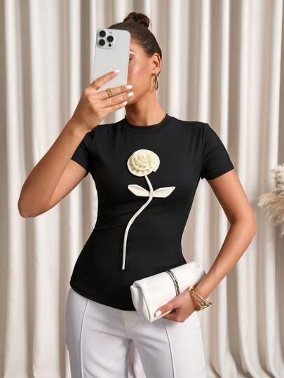 SHEIN Clasi 女士白色花卉印花修身短袖休闲衬衫，时尚夏季优雅女士夏季度假商务休闲女士可爱夏季波西米亚风女士老钱风格复活节女士狂欢节音乐会婚礼宾客上衣女士婚礼宾客上衣 3D 花卉上衣