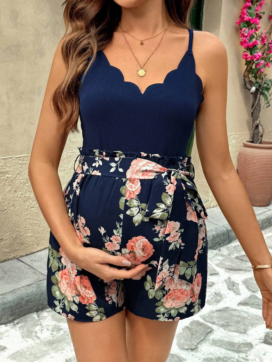 SHEIN Maternity 2pcs Solid Color Camisole Top And Shorts Set, Minimalist Fashion, Suitable For Summer - Multicolor - View 1