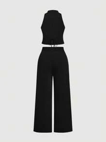 SHEIN MOD Elegantes Büro-/Lässig-Set mit Wende-Kragen Weste und Hose, Große Größen, 2-teilig