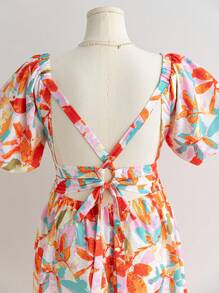 Soleia Plus Size Women Floral V-Neck Cinched Waist A-Line Short Dress, Romantic For Dates, Afternoon Tea - Multicolor - View 7