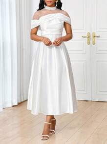 SHEIN Lady Vestido de satén blanco midi, de novia, elegante y para fiestas, con panel cuello perla y malla lentejuelada, apropiado para las cuatro estaciones
