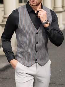 Manfinity Mode Áo vest sọc thường ngày cho nam, thiết kế thời trang đơn giản, áo sơ mi trang trọng mùa hè cho nam thời trang cho nam áo sơ mi nam váy nam váy nam - Xám - Xem 1