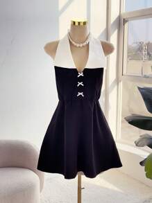 SHEIN Unity Elegantes, kurzes, ärmelloses Damenkleid Große Größen, verziert mit Schleife, Perle und Kette - Schwarz und Weiss - Übersicht 1