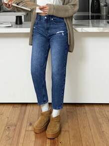 EURMUSE 100% Cotton HIGH RISE MOM CUT RIPPED WOMEN JEAN - Dark Wash - View 3
