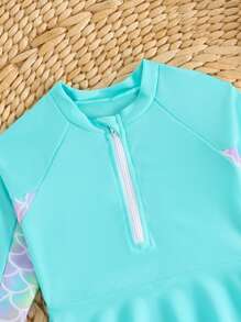 SHEIN 2pcs Baby Girls Cute Fish Scale Pattern Long Sleeve Rash Guard & Pants Swimsuit Set - Green - View 3