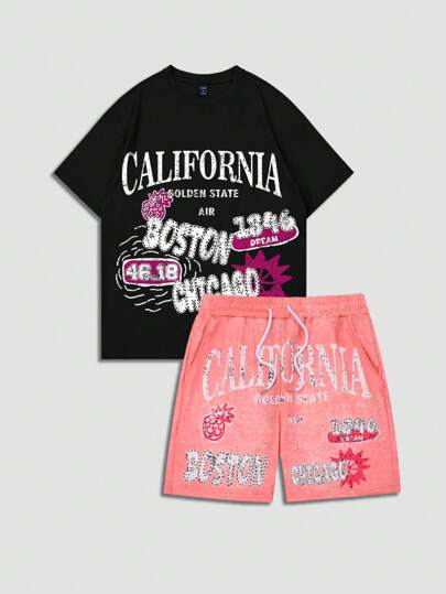 Street Life Men's Letter Print Round Neck Short Sleeve Casual T-Shirt And Drawstring Waist Shorts Set