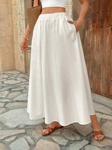 Pariaura Elastic Waist High Waist Solid Color Skater Skirt, Versatile & Slimming A-Line Skirt Fall Cloth For Women