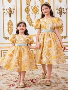 Young Girl 3D Floral Jacquard Puff Sleves Backless Big Bow Decor Elegant A-Line Dress, Cake Dress, Cute & Elegant & Sweet & Vintage & Fashionable. Mom And Daughter & Sisters Matching Style Matching, Matching Family Vacation, Holidays, National, Formal Attire, Suitable For Girls Daily Wear, Home Family Gatherings And Special Occasions, Sibling Outfits, Gorgeous Princess, For Birthdays, Party Wear, Spring/Summer. - Yellow - View 10