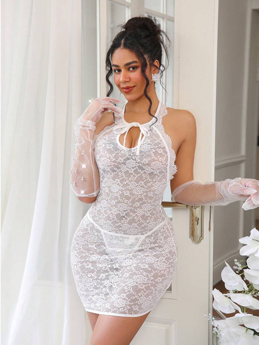 2 件套蕾丝婚礼内衣套装 - 性感紧身衣和丁字裤