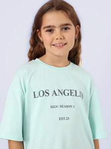 SUMWON Bộ đồ thể thao Los Angeles áo nỉ oversize màu xanh bạc hà, dáng rộng thoải mái, phong cách thể thao thường ngày cho trẻ em, quần jogger streetwear, mặc mùa xuân thu - màu xanh lá - Xem 5