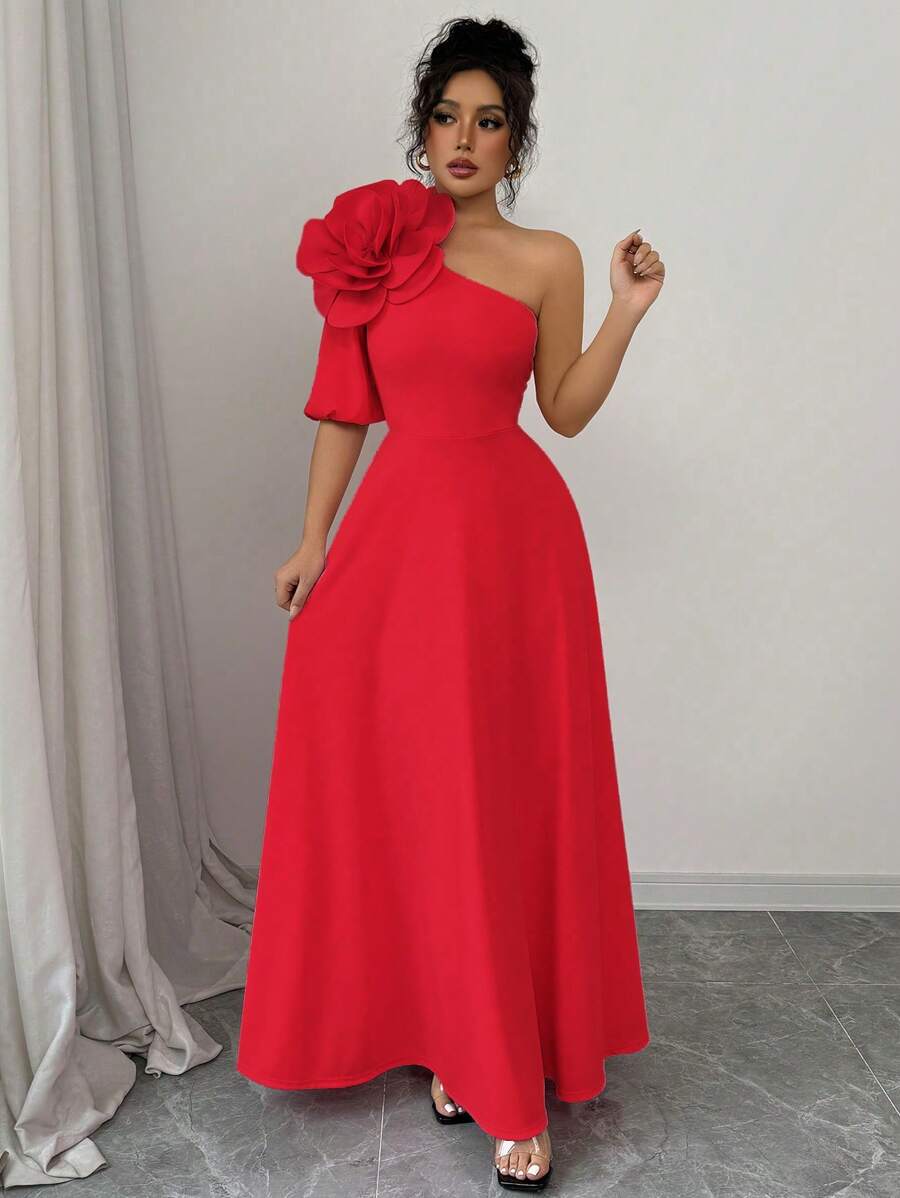 Rafferiza Women's Pink Asymmetrical Neck Dress With 3D Floral Detail, Asymmetric Sleeve Design, Fitted Waist, Maxi Length Loose - Red - View 1