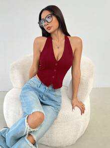 SHEIN PETITE Ladies Solid Color Sleeveless Backless Neck-Hanging Summer Top ,Petite Women - Burgundy - View 2