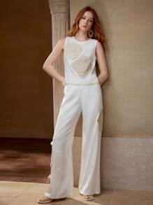 MOTF Pantalones decorativos de crochet de lino - Beis - Ver 6