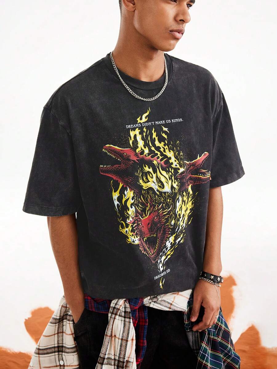 HOUSE OF THE DRAGON X SHEIN 夏季男士休闲龙与字母印花短袖 T 恤 - 黑色 - 查看 1