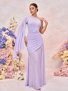SHEIN Belle 优雅、浪漫、端庄、春夏、紫色、雪纺面料、不对称肩部设计、褶皱、飘逸袖、A字裙摆、半透明、婚礼宾客礼服、度假礼服、伴娘礼服 - 紫色 - 查看 7