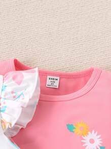 SHEIN Playful Pals 6 pièces/set T-shirt à manches courtes avec volants à imprimé floral et short, tenue décontractée pour jeune fille. Convient pour les sorties d'été et le port quotidien - Multicolore - Voir 7