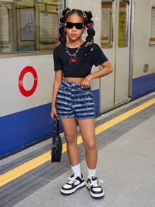 SHEIN SLAYR KIDS Tween Girl Summer Fashionable Distressed Denim Frayed Hem Shorts, Summer Concert Rave Streetwear - Dark Wash - View 6