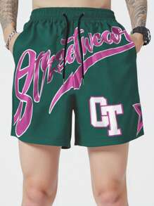 ROMWE MEN Men's Preppy Star Print Casual Shorts, Suitable For Spring And Summer - Green - View 3