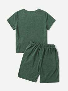 SHEIN Young Boy Slogan Sleeve Tee & Drawstring Track Shorts - Dark Green - View 2