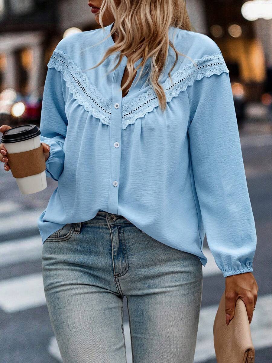 SHEIN LUNE Plus Size Vacation Casual Solid Color Lace Trim Blouse - Baby Blue - View 1