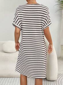 SHEIN Pregnant Women Striped Round Neck Short Sleeve Straight Casual Loose Midi Dress - Black - View 2