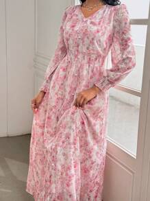 Modelyn Fashionable Romantic Embroidered Floral Long Dress For Women Fall Cloth For Women - Pink - View 5