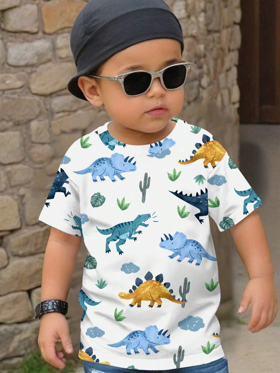 SHEIN Young Boy Casual Simple Dinosaur Cartoon Printed Short Sleeve Round Neck T-Shirt, Summer - White - View 1