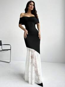 SHEIN Privé Vestido preto ombro à mostra novo com saia de retalhos de renda branca com flores, Vestido elegante feminino, adequado para temporada de casamento, vestido de dama de honra, festa, banquete, boate, passeio, volta às aulas e outras ocasiões, destacando sua beleza