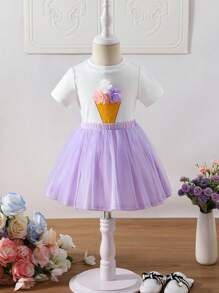 SHEIN Baby Girls' Casual Cute White Knitted Solid Ice Cream Print Floral Decor Short Sleeve T-Shirt & Mesh Skirt 2pcs Set - Purple - View 6