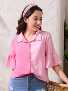 SHEIN Teen Girl Woven Color Block Shirt With Ruffled Collar And Loose Short Sleeves