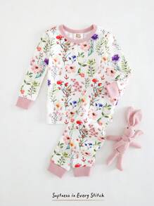 Cozy Pixies Baby Girl Floral Print Soft Knit Crew Neck Long Sleeve Top And Elastic Waist Legging 2 Pieces Pajama Set - Multicolor - View 5