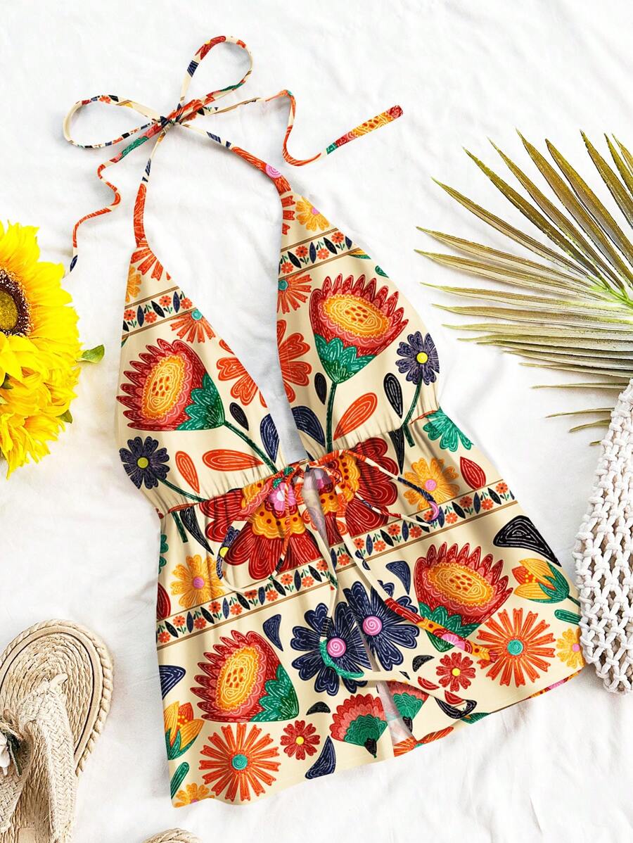 Soleia Women's Colorful Geometric Print Crisscross Back Beach Halter Tank Top, Casual Holiday Vibe, Suitable For Summer