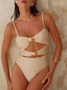 Swim Chiccia Women's Sexy Metal Jewelry Spaghetti Strap One Piece Swimsuit, Beach Vacation For Summer - Khaki - View 5