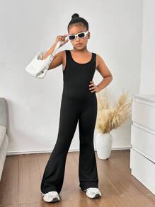 SHEIN Tween 女童时尚街头服饰纯色针织无袖露背短款上衣和喇叭裤套装，休闲黑色连体裤，返校季 - 黑色 - 查看 4
