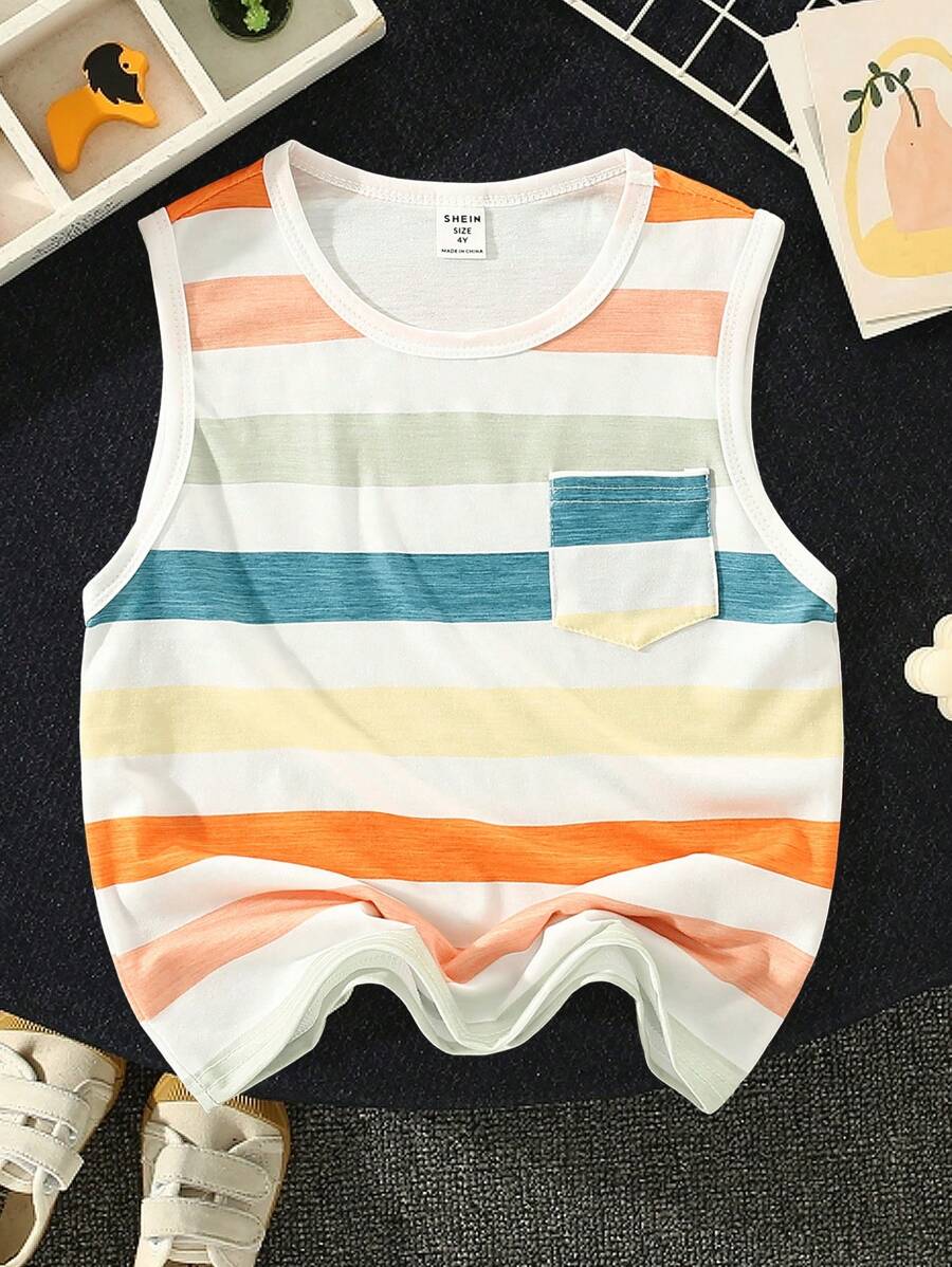 SHEIN 1pc Young Boy's Vacation-Inspired Colorful Striped Print Patched Pocket Tank Top, Loose & Comfortable, Suitable  Or Staying At Home - Blue - View 1