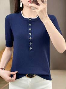 SHEIN LUNE Top de punto informal con decoración de botones lisos, estilo coreano - azul real - Ver 6