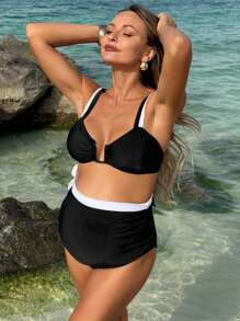 SHEIN Maternity 2pcs Swimwear Set - Spaghetti Strap Swimwear Top And High Waist Bikini Bottoms, Minimalist And Fashion, Suitable For Summer