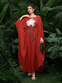 Al Najma 优雅 3D 花朵女士土耳其和阿拉伯传统长裙，春夏 - 橘色 - 查看 7